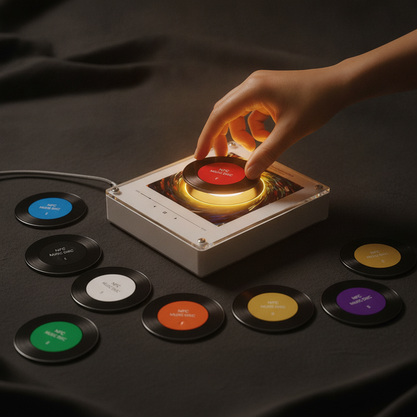 Close-up of a hand placing a mini vinyl record onto a glowing Melody Magnet music box, showing instant connection.