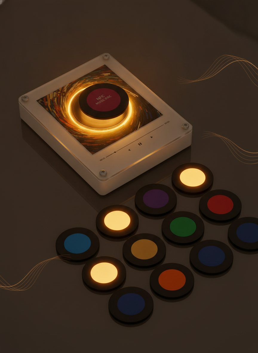 Close-up, luxurious flat-lay of the Melody Magnet 9-Pack Set, dark charcoal magnets with golden glows, on a deep charcoal sur