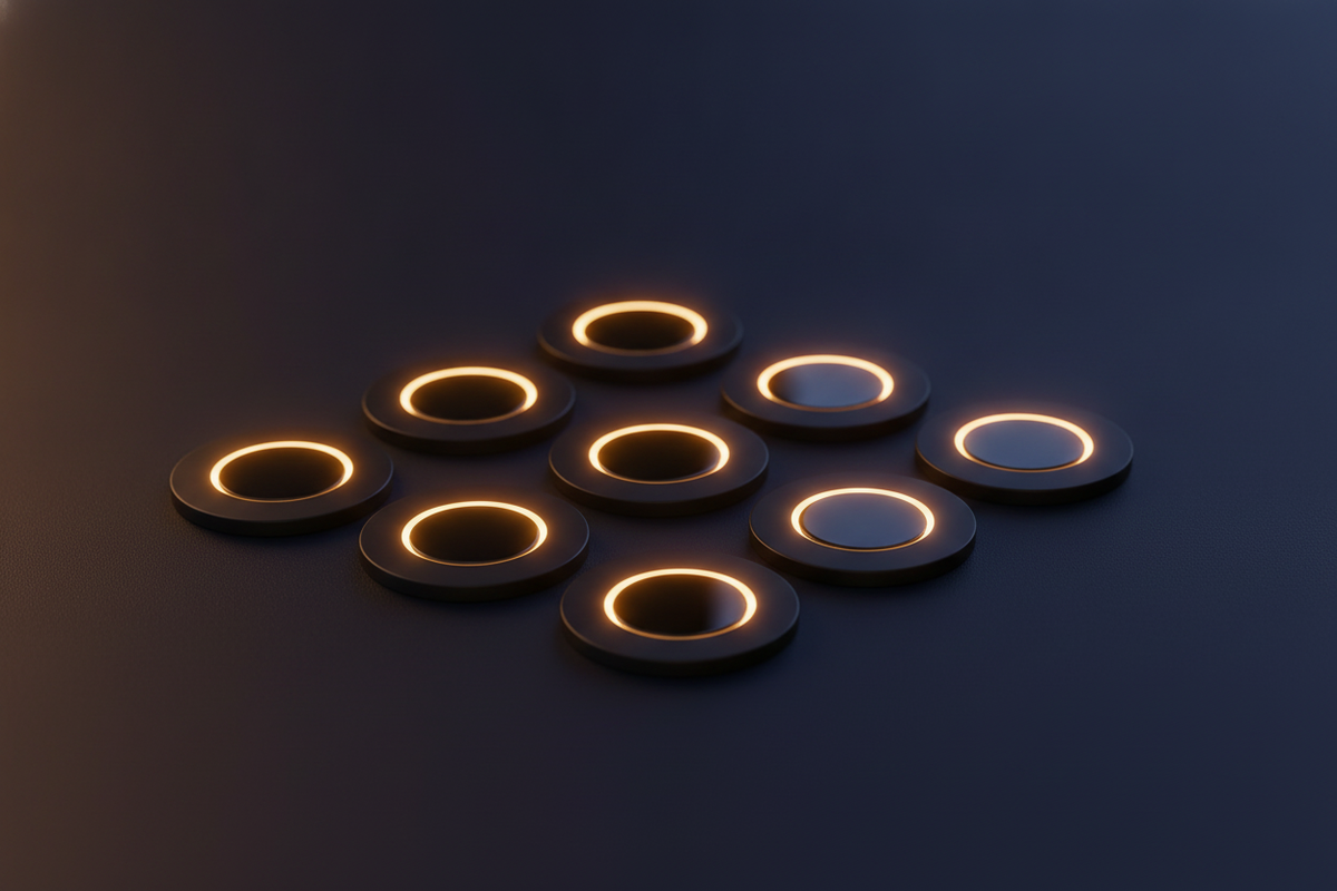 Close-up of the Melody Magnet music box set, showing eight dark, rectangular pieces glowing with a warm golden light on a cha
